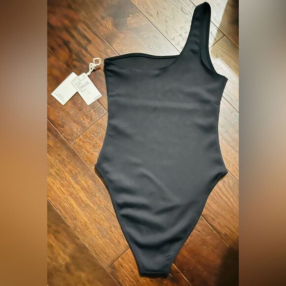 GOOD AMERICAN Scuba One Shoulder High Cut Thigh One Piece Swimsuit Blk SZ 1 NWT - Picture 3 of 9